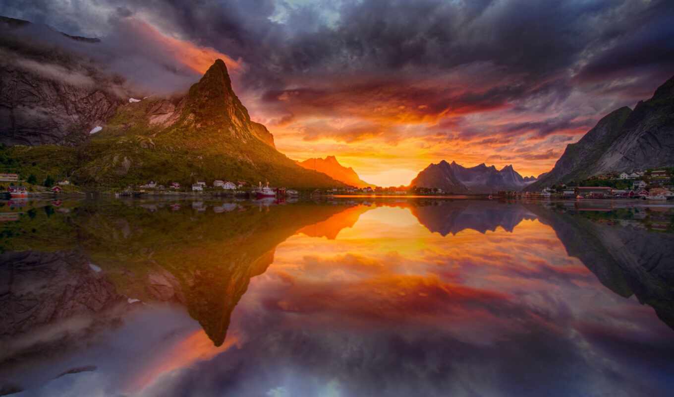 sun, закат, гора, landscape, норвегия, полночь