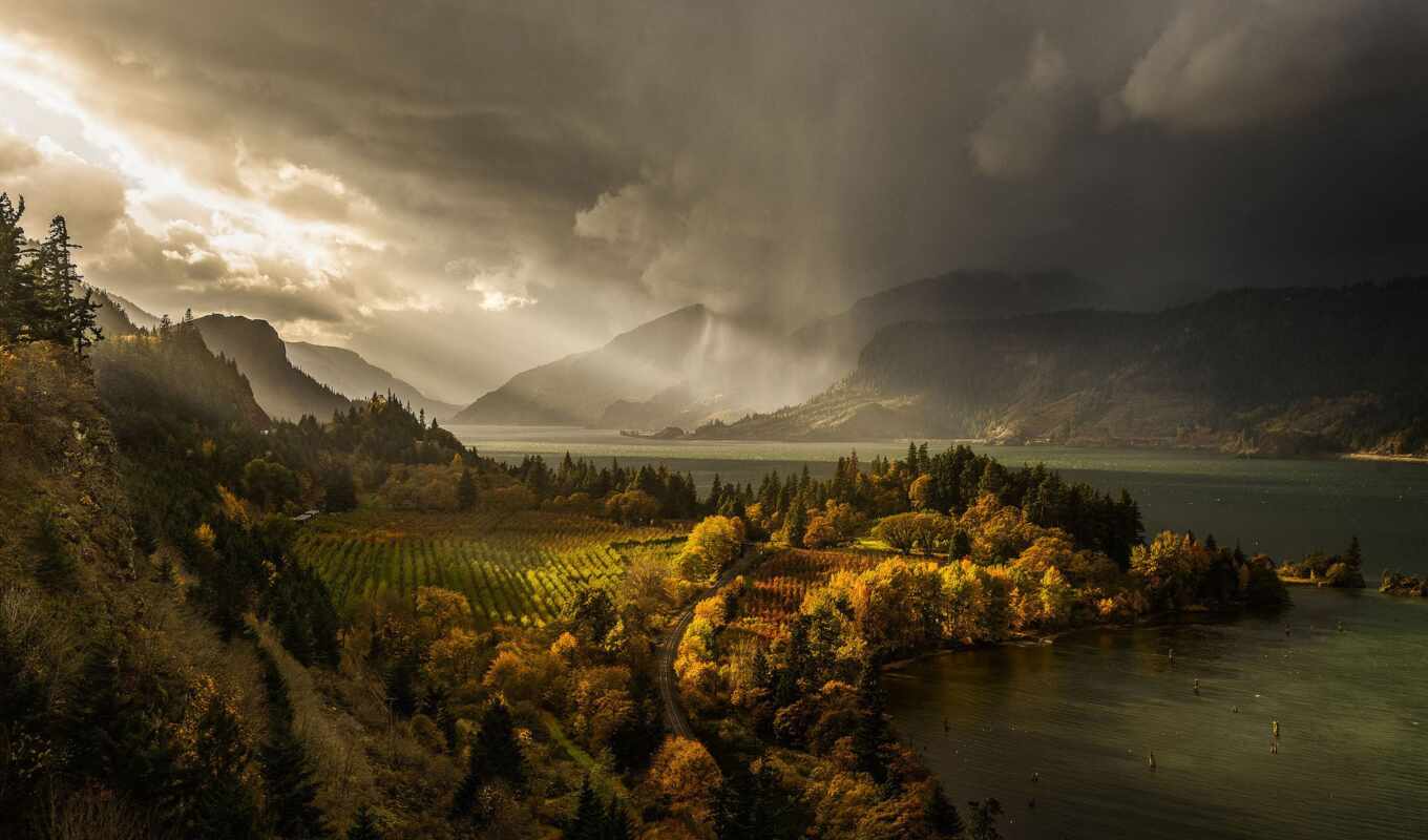 lake, nature, sky, rain, forest, USA, autumn, suns, light, mountains, cloudy