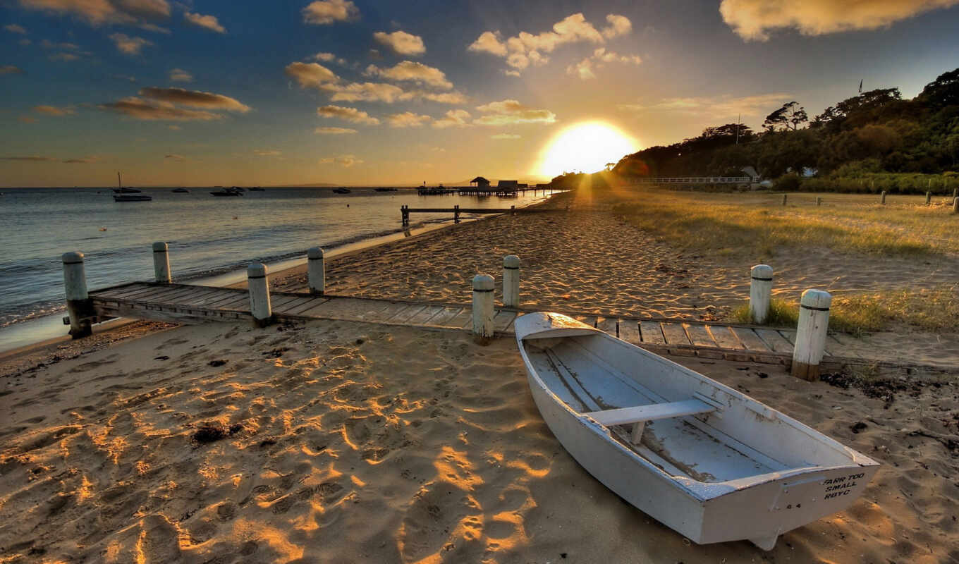 disk, light, sunset, beach, sea, shore, coast, sand, pier, a boat