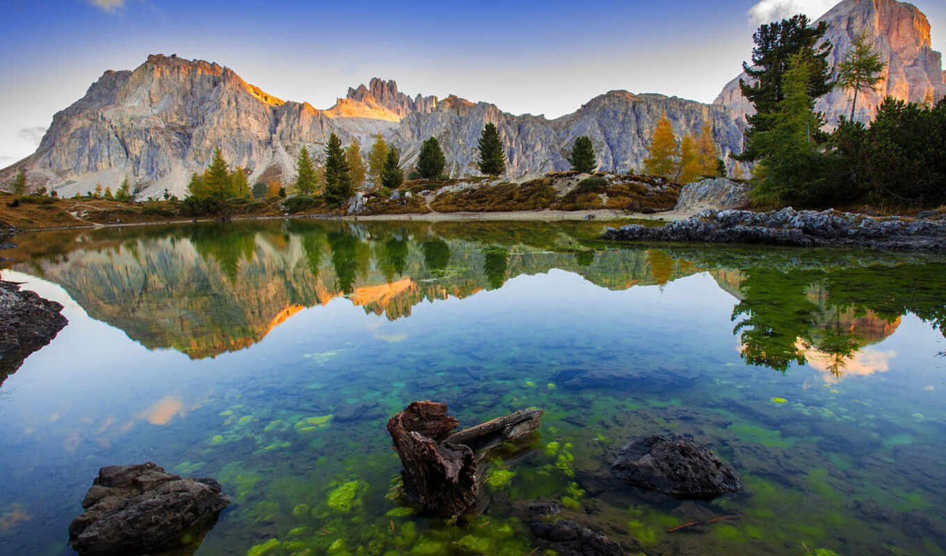 lake, view, dee, sunset, mountain, the alps, mount, italy, veneto, dolomite, limide