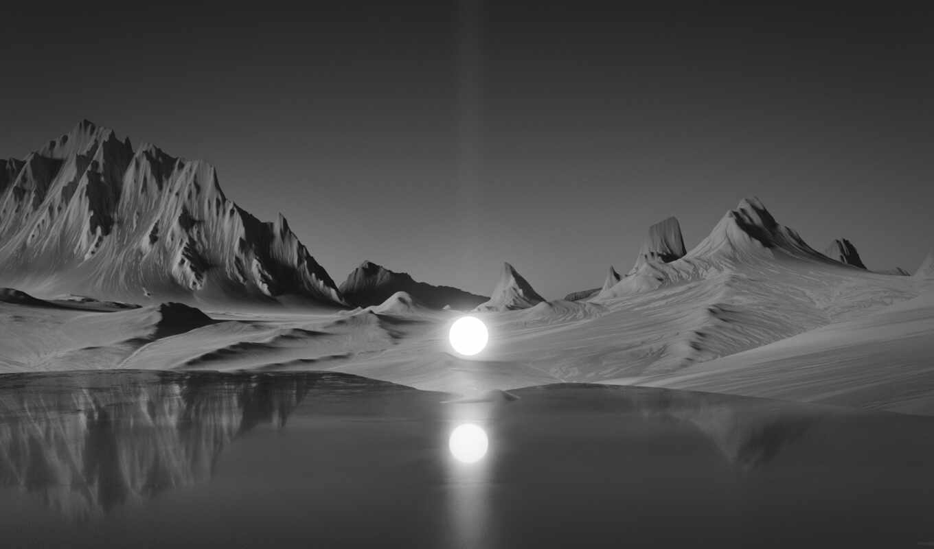 lake, nature, wall, moon, mountain, landscape, smooth surface, planet, reflection, monochrome, mural