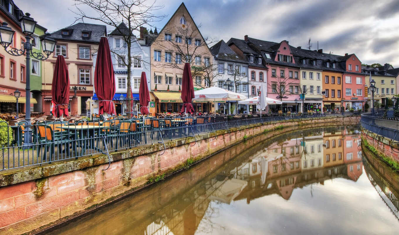 at home, city, street, armchair, river, waterfall, umbrella, fence, cafe, saarburg