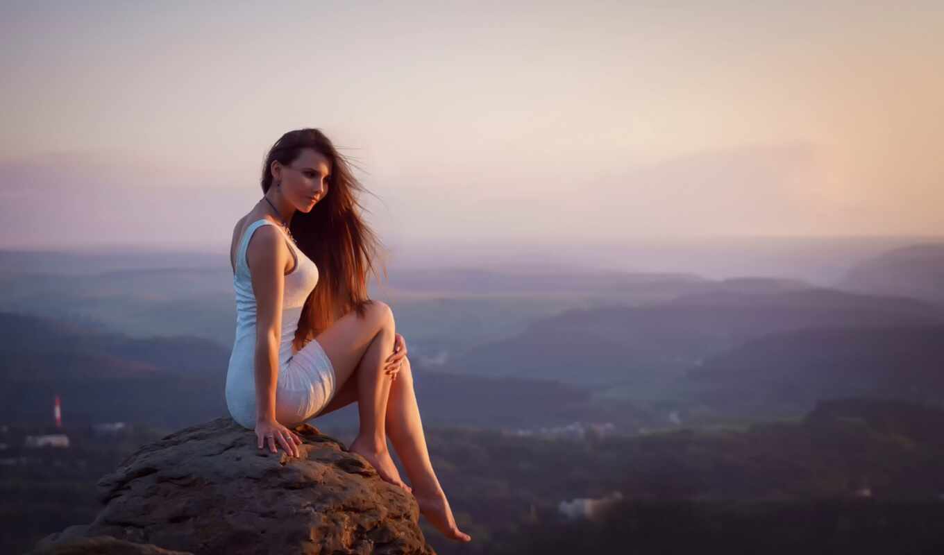 view, girl, picture, white, dress, top, mountains