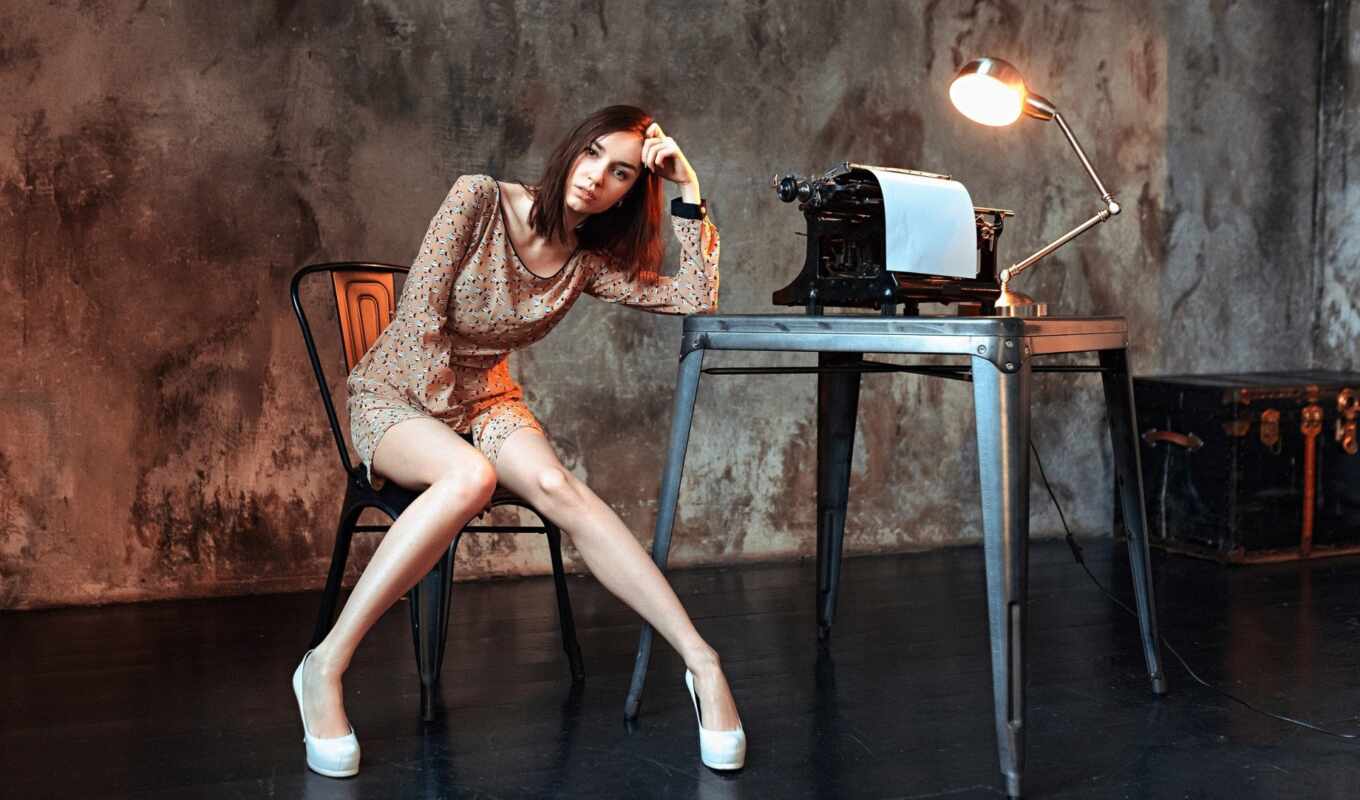 девушка, женщина, модель, writing, платье, лампа, печатная машинка
