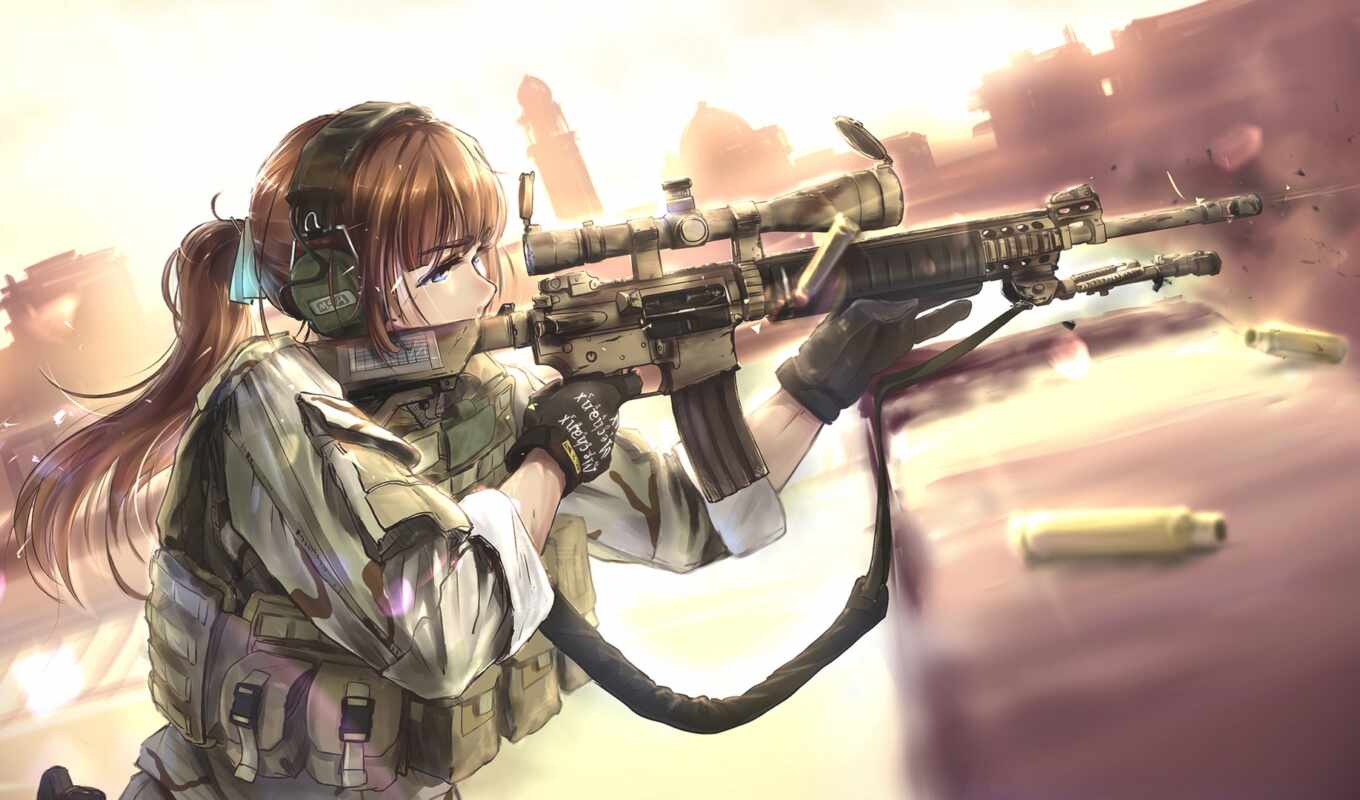 девушка, anime, винтовка, оружие, anim, солдат, shooting, permission