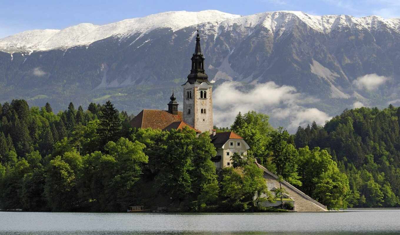 slovenia, словении, озеро, пейзажи -, храм, горы, bled, код, water, church, 