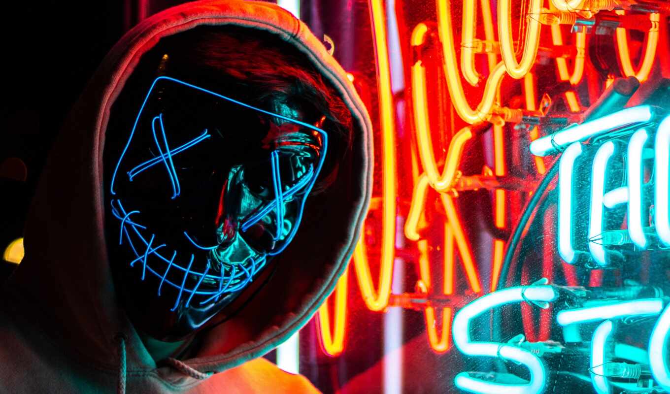 human, mask, hood, neon