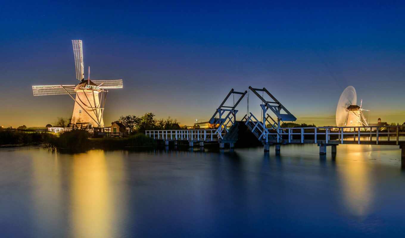channel, night, lights, mill, holland, windmill