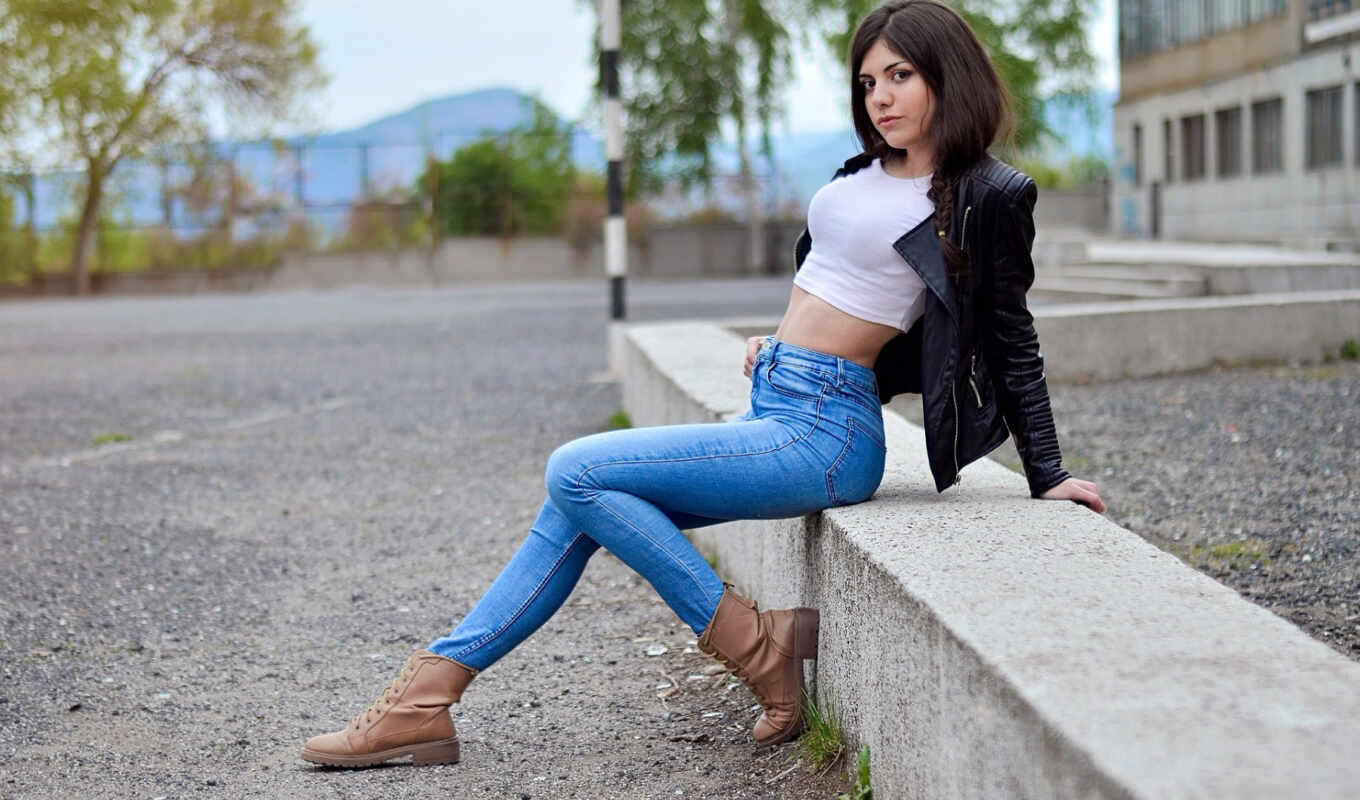 girl, leather, pose, jeans, blouse, midriff