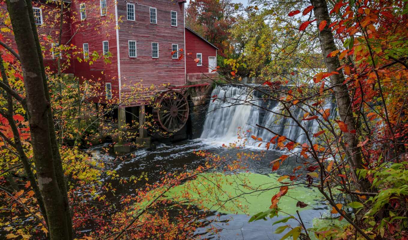 water, forest, USA, autumn, mill