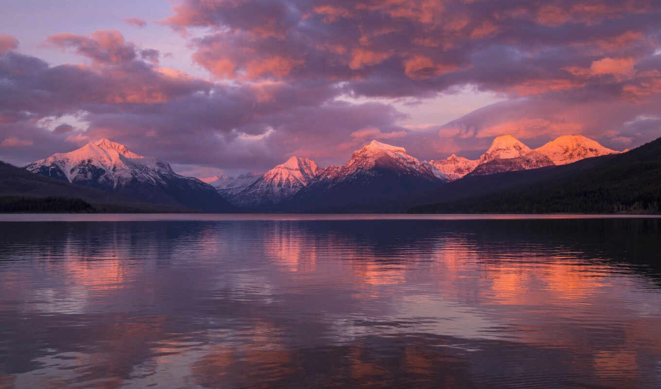 lake, sunset, mountain, landscape, cloud, park, national, mcdonald