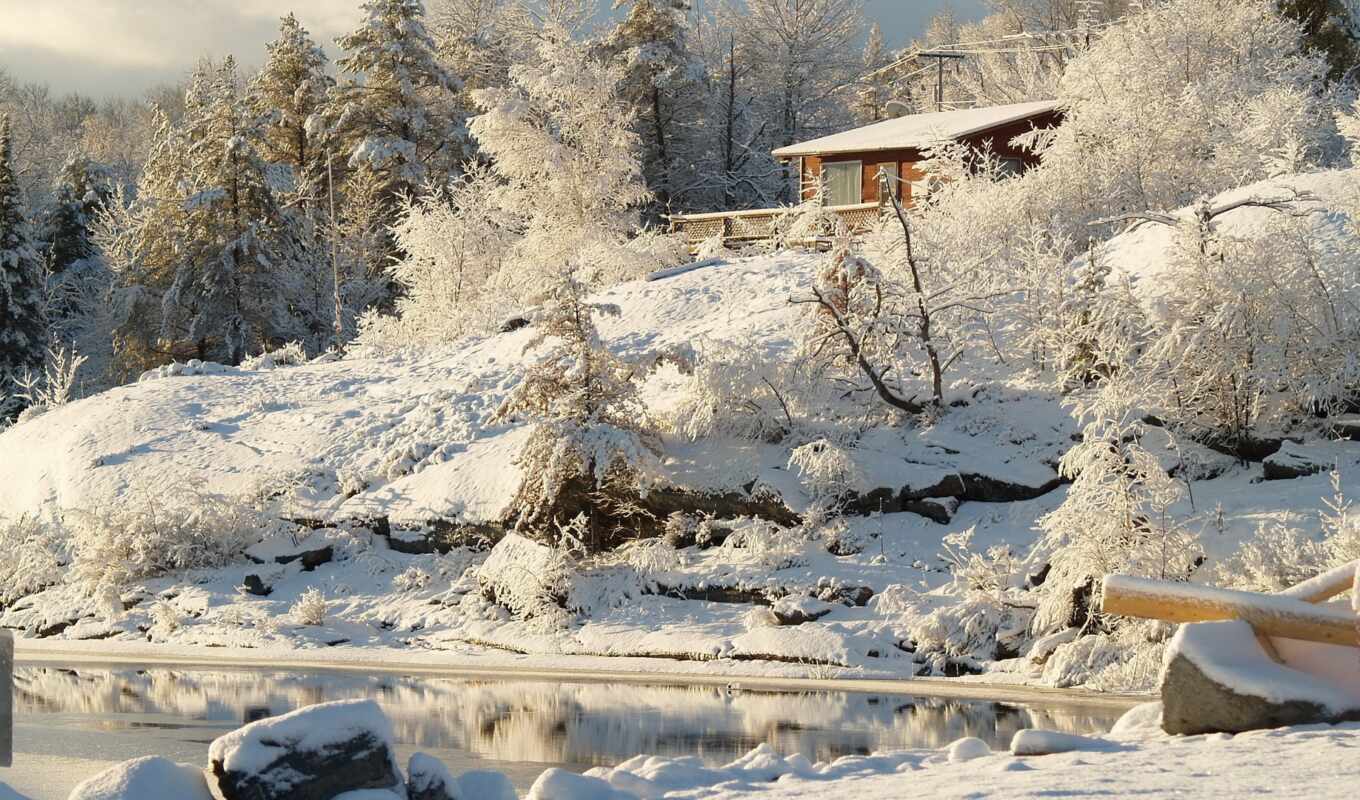 природа, пейзажи -, снег, winter, река, trees, канадский, онтарио