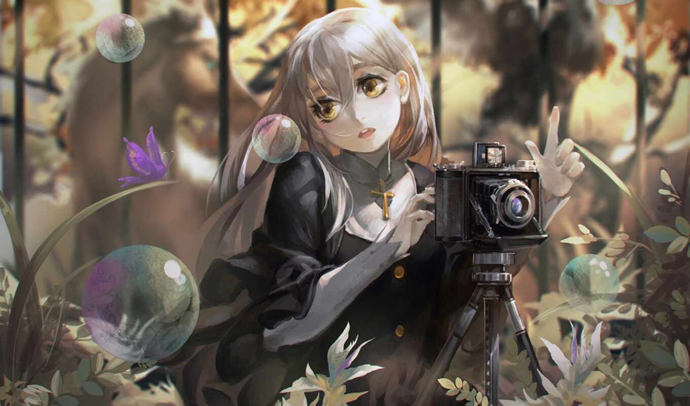 photo camera, girl, lens, anime, weapon, anim, mirrorless