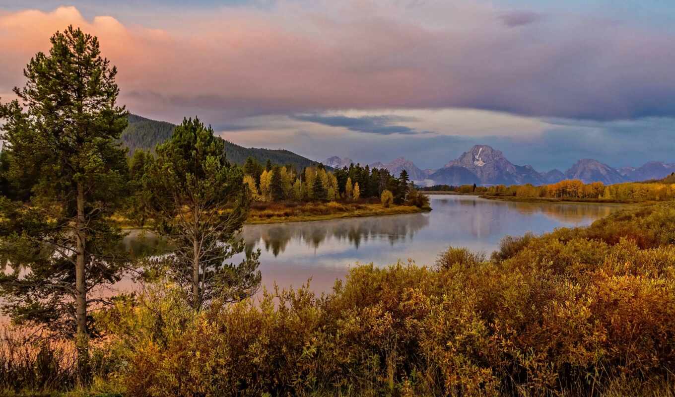 sunset, forest, moran, autumn, grand, river, bending, teton, before, To know, oxbow