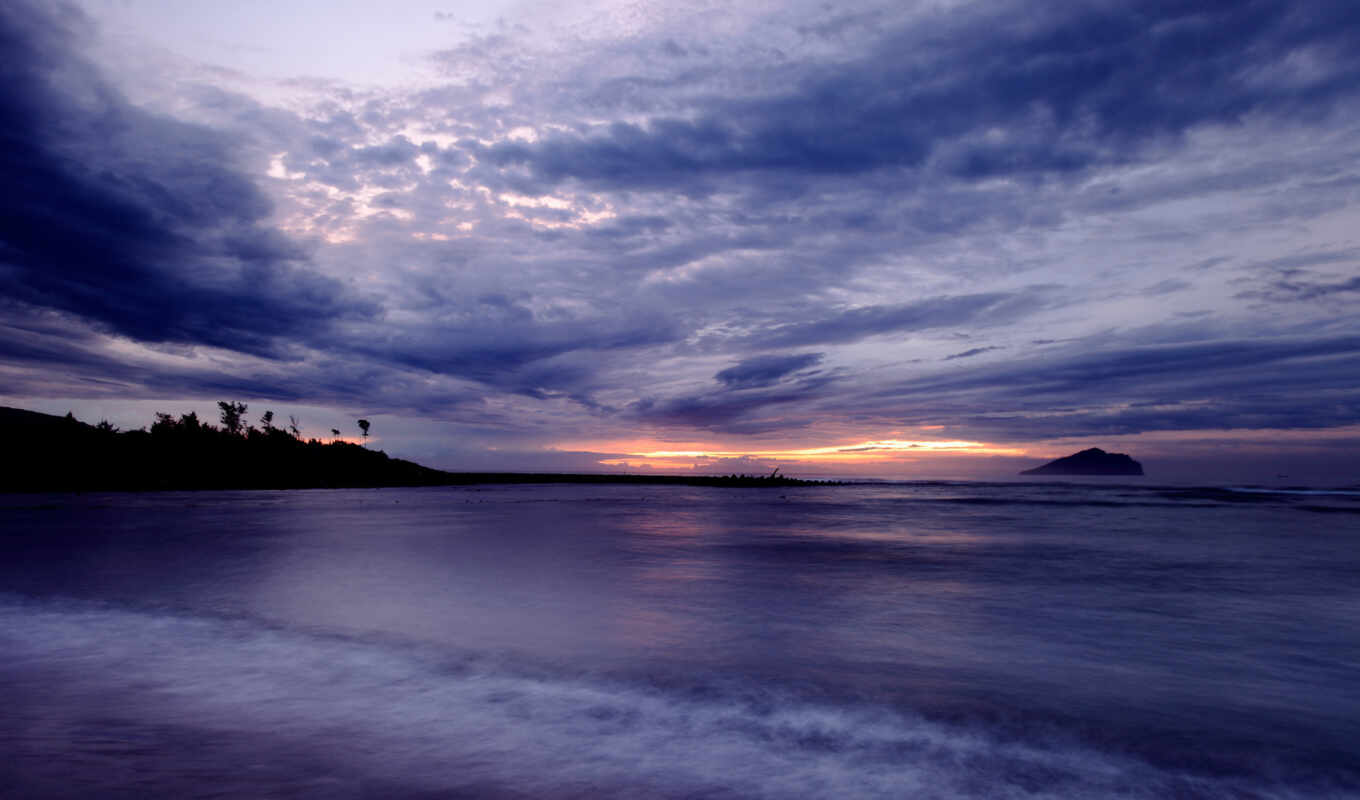 небо, закат, вечер, берег, taiwan, сумерки, bay, china, спокойствие, oblaka, фиолетовое