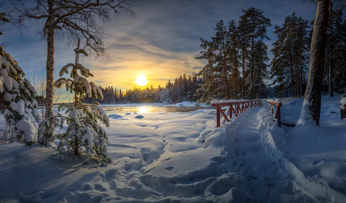 дерево, закат, снег, winter, мост, восход, финляндия
