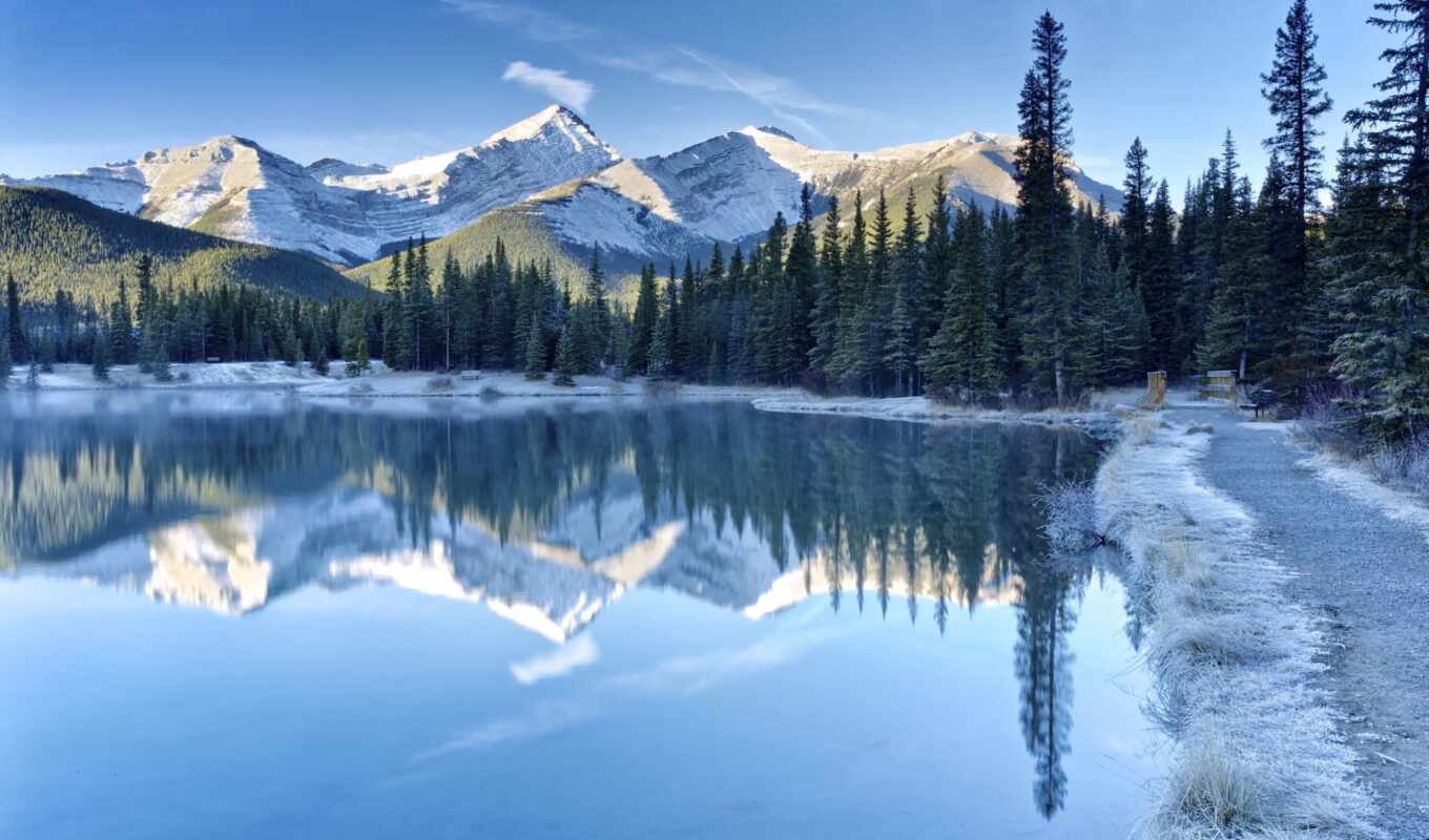 озеро, небо, снег, winter, лес, landscape, канада, альберта, mountains, kananaskis