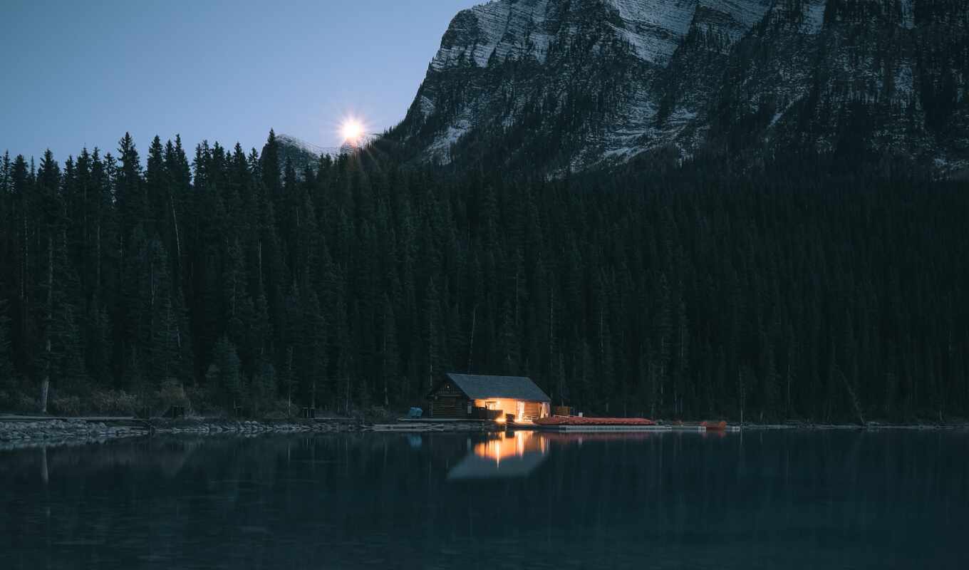 lake, house, night, forest, mountain, coast, fore