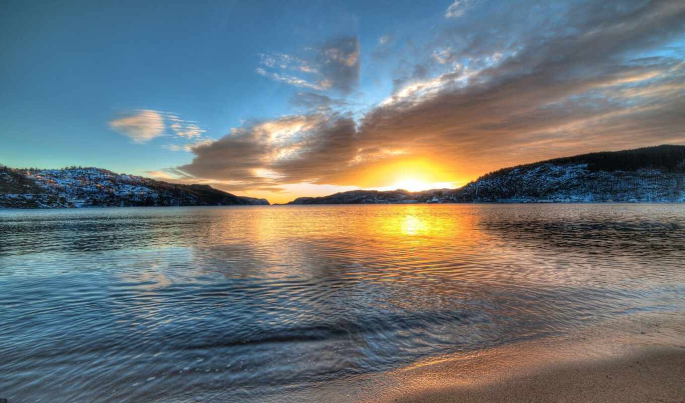 mountains, lake, picture, picture, sunset, landscapes, Norway