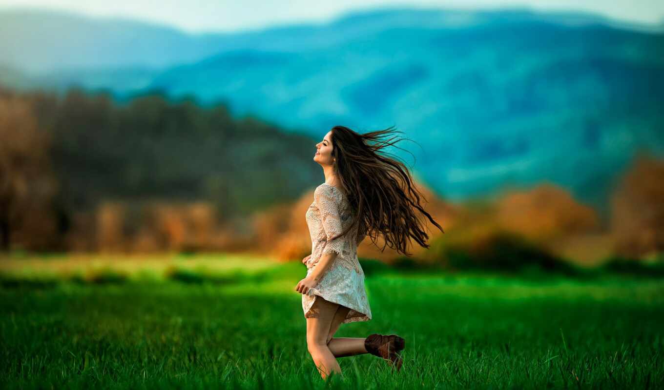 girl, picture, field, running