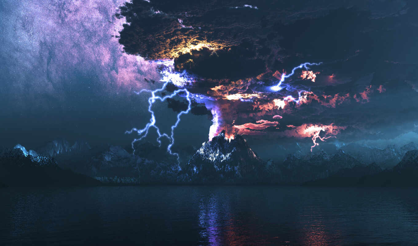 буря, ночь, облако, lightning, вулкан, извержение