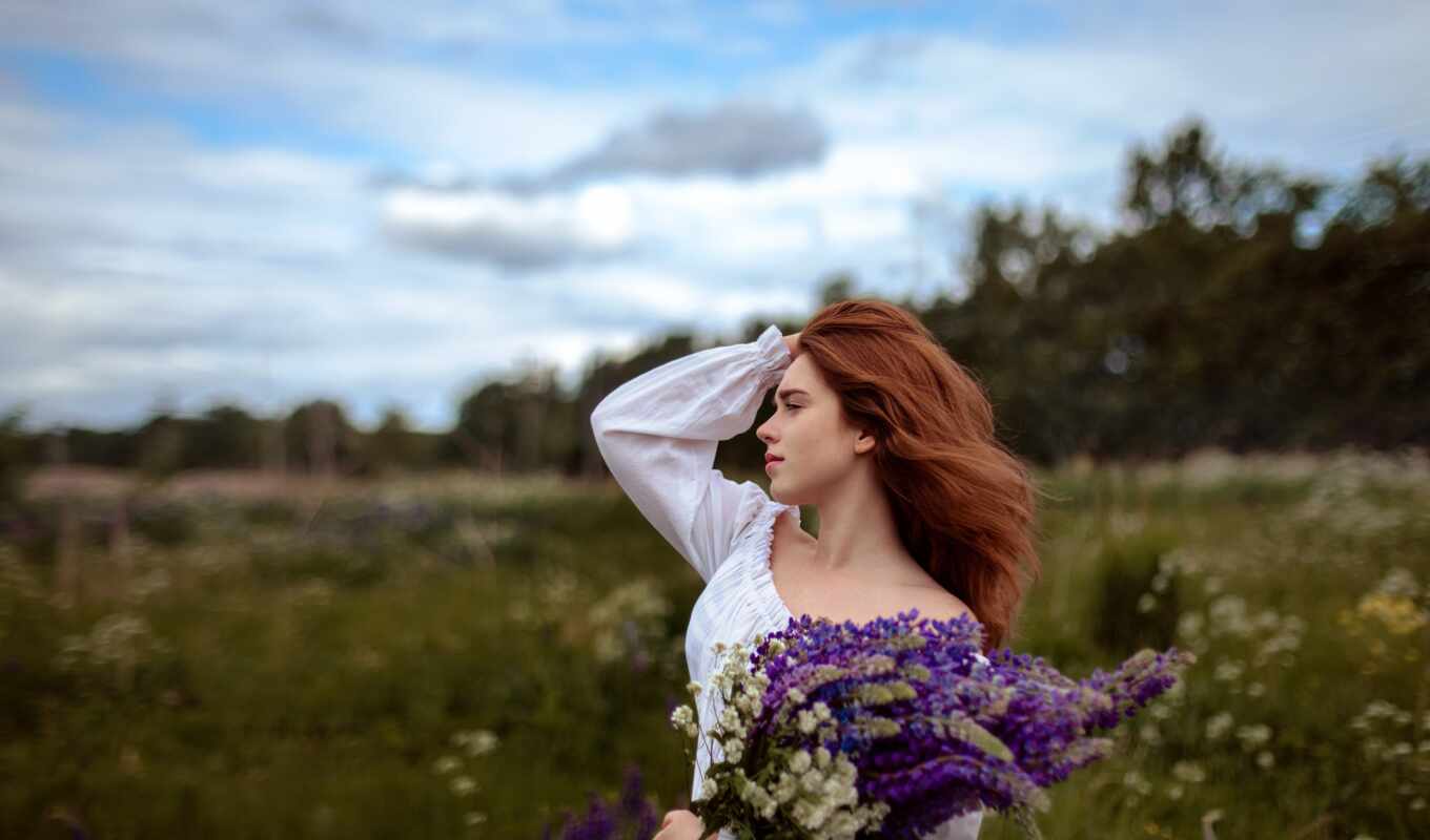 flowers, white, dress, profile, distance
