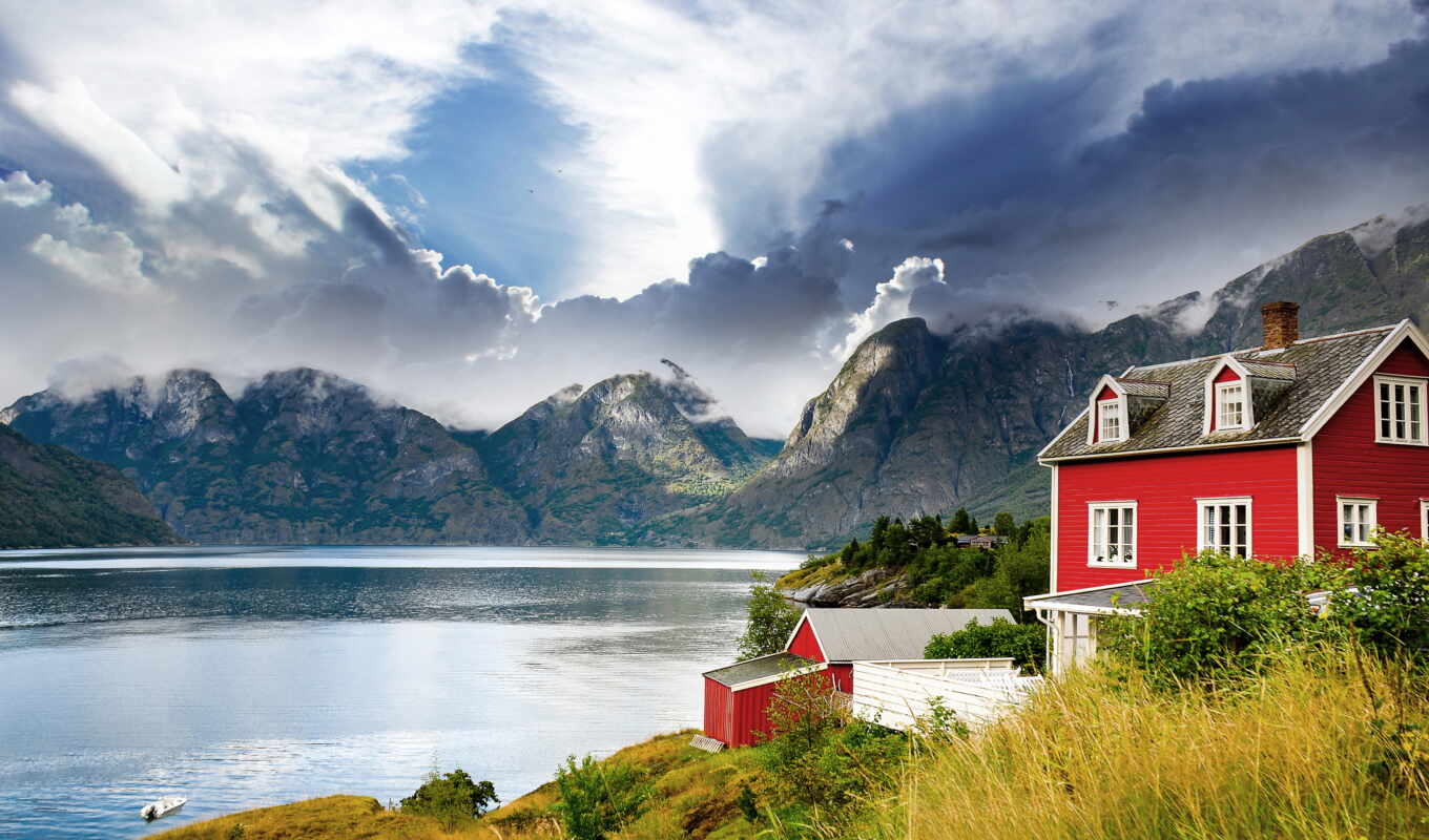 озеро, house, изображение, дома, высокого, качества, красивый, горах, норвегии, norwegian, горы