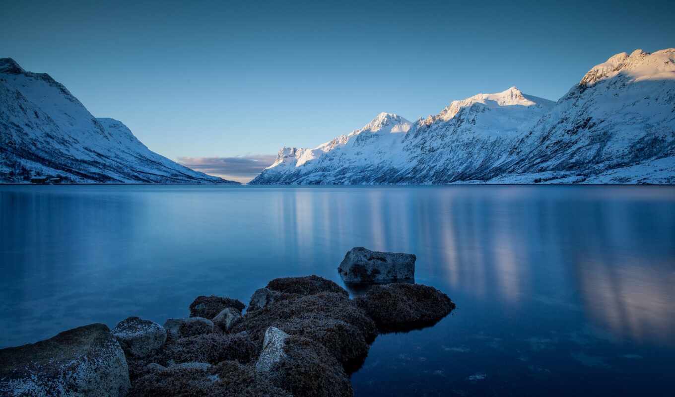 lake, snow, winter, coast, stones, mountains