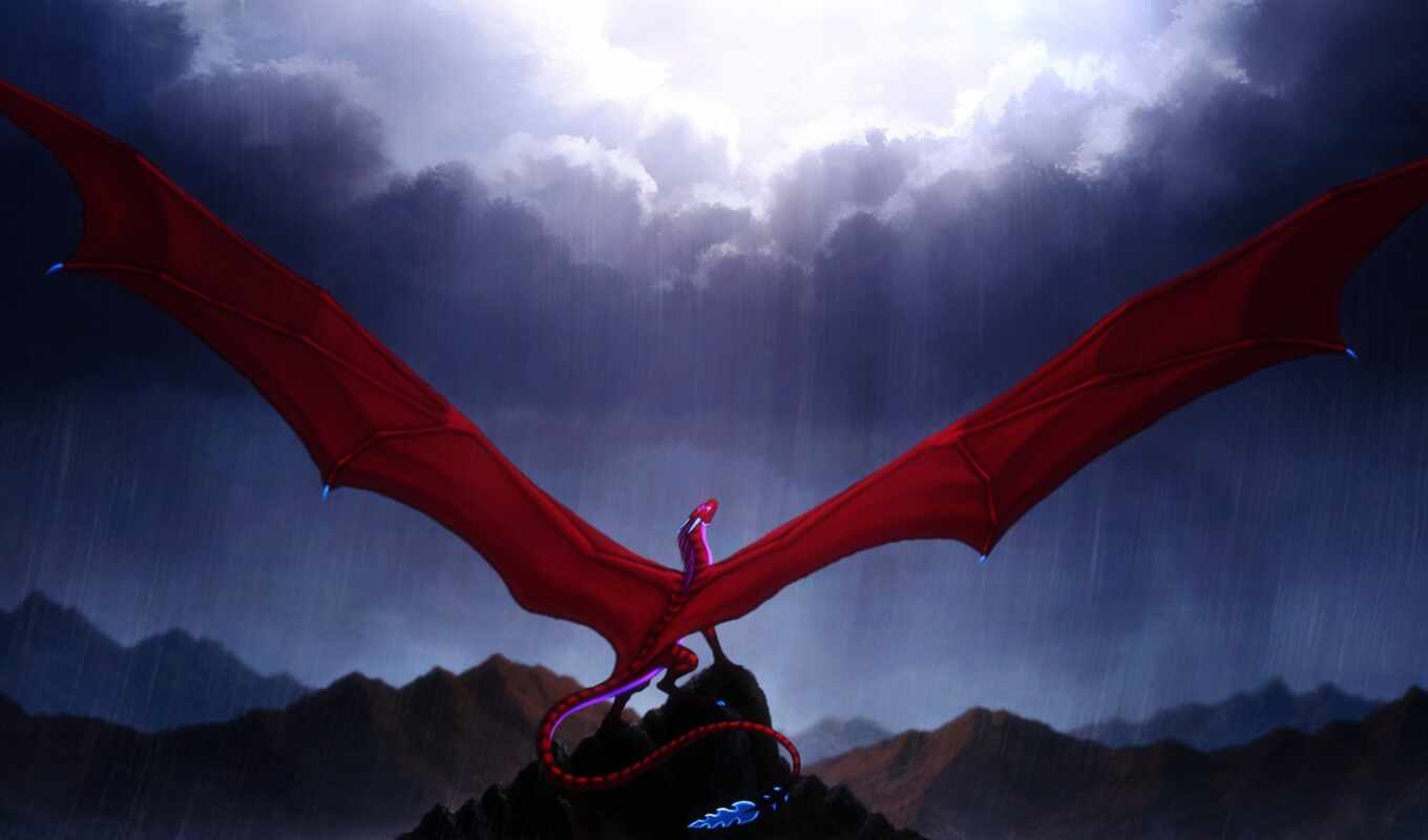 art, red, дракон, fantasy, tail, wings, крылья