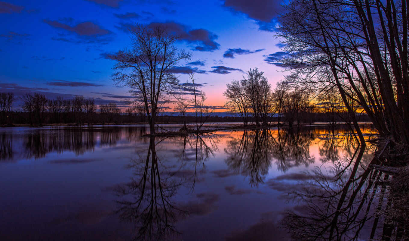 озеро, небо, закат, вечер, оранжевый, trees, отражение, канадский, онтарио, kanada