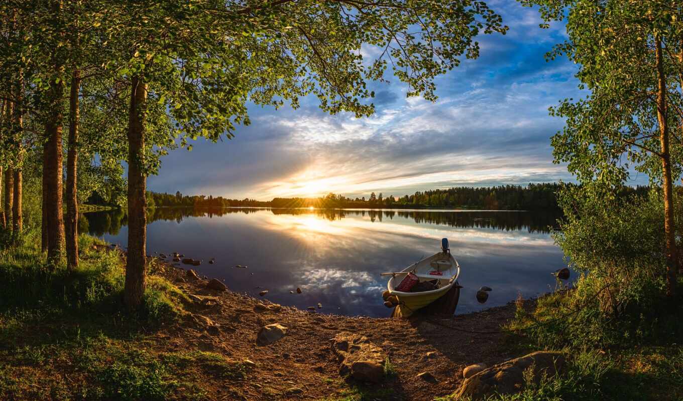 природа, дерево, закат, рассвет, лес, вечер, река, лодка, финляндия, vodyt