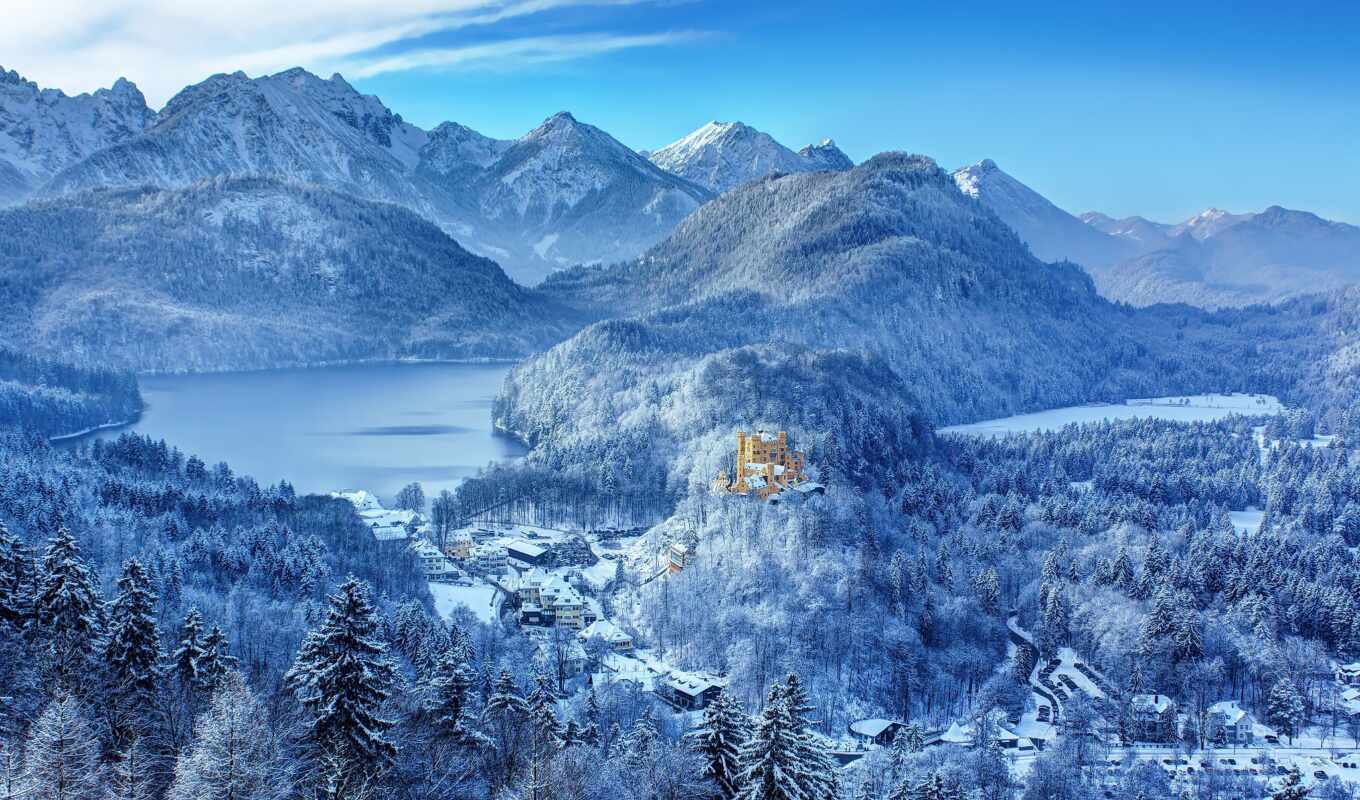 озеро, природа, снег, лес, гора, castle, germanii