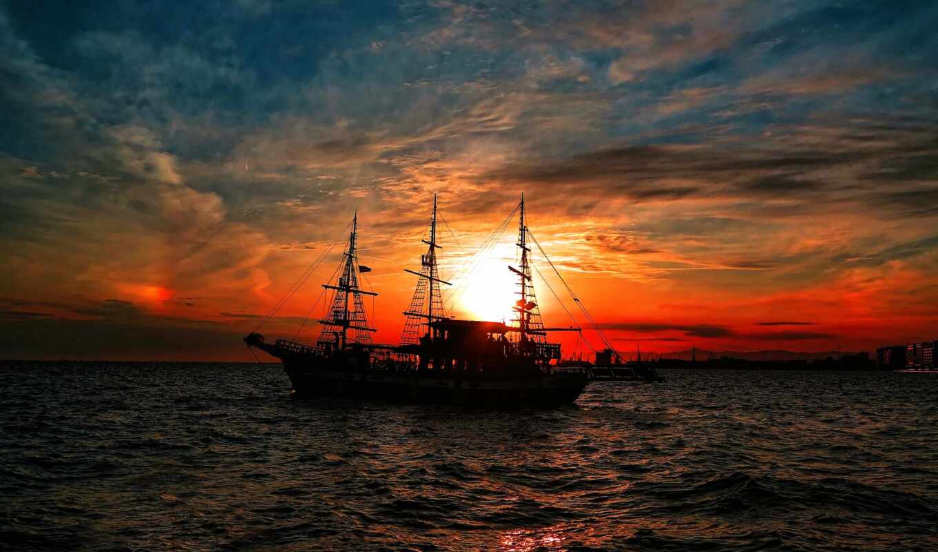 sunset, ship, sea, because