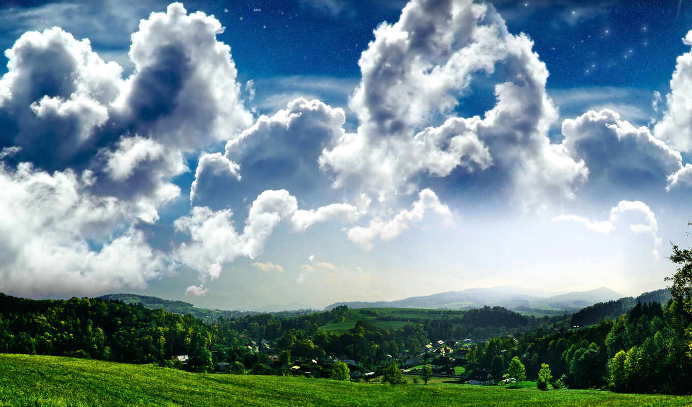 nature, sky, landscapes-, grass, beautiful, field, landscape, village, beautiful, cloud