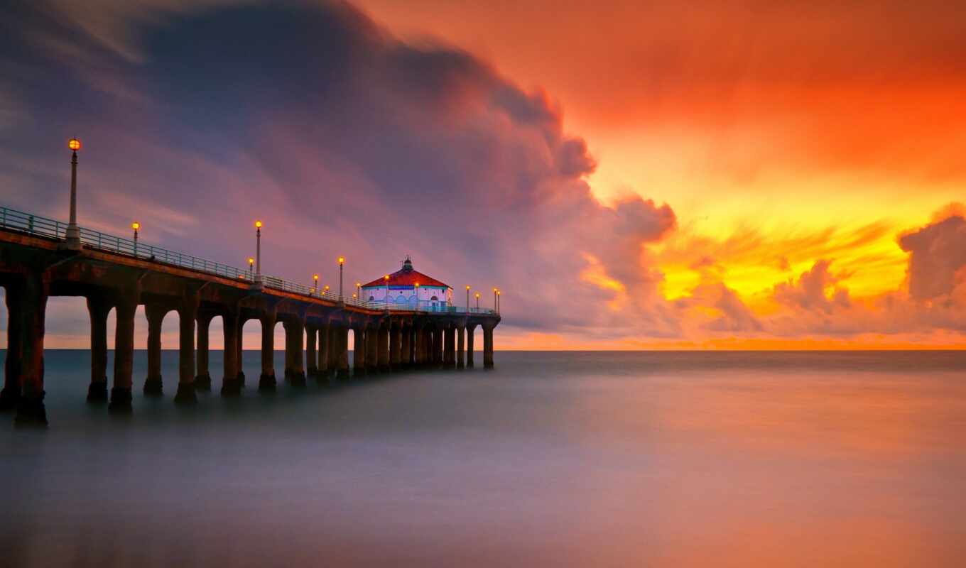 sunset, beach, california, pier, manhattan