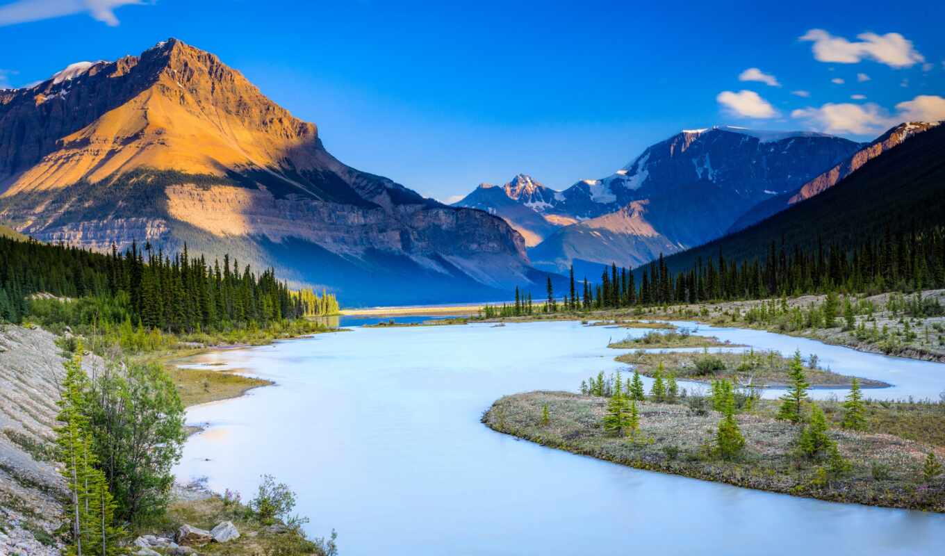 sky, mountain, Canada, alberta, park, river, national, jasper, Canada, tree, landscape