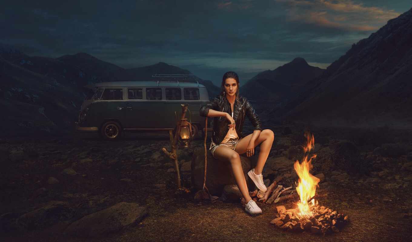 woman, brunette, portrait, brown, sun, campfire, bonfire, mair