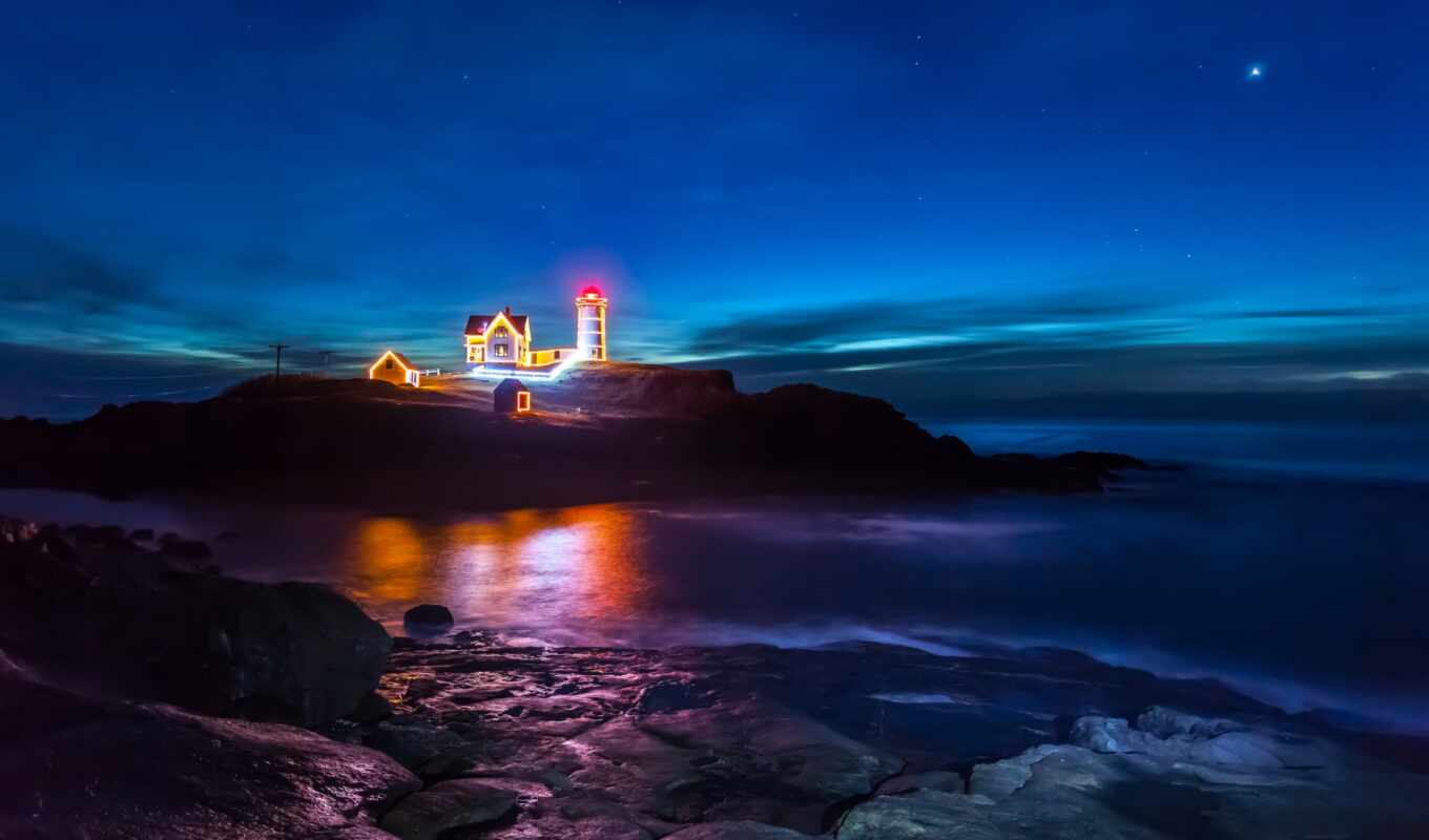фото, ночь, море, lighthouse