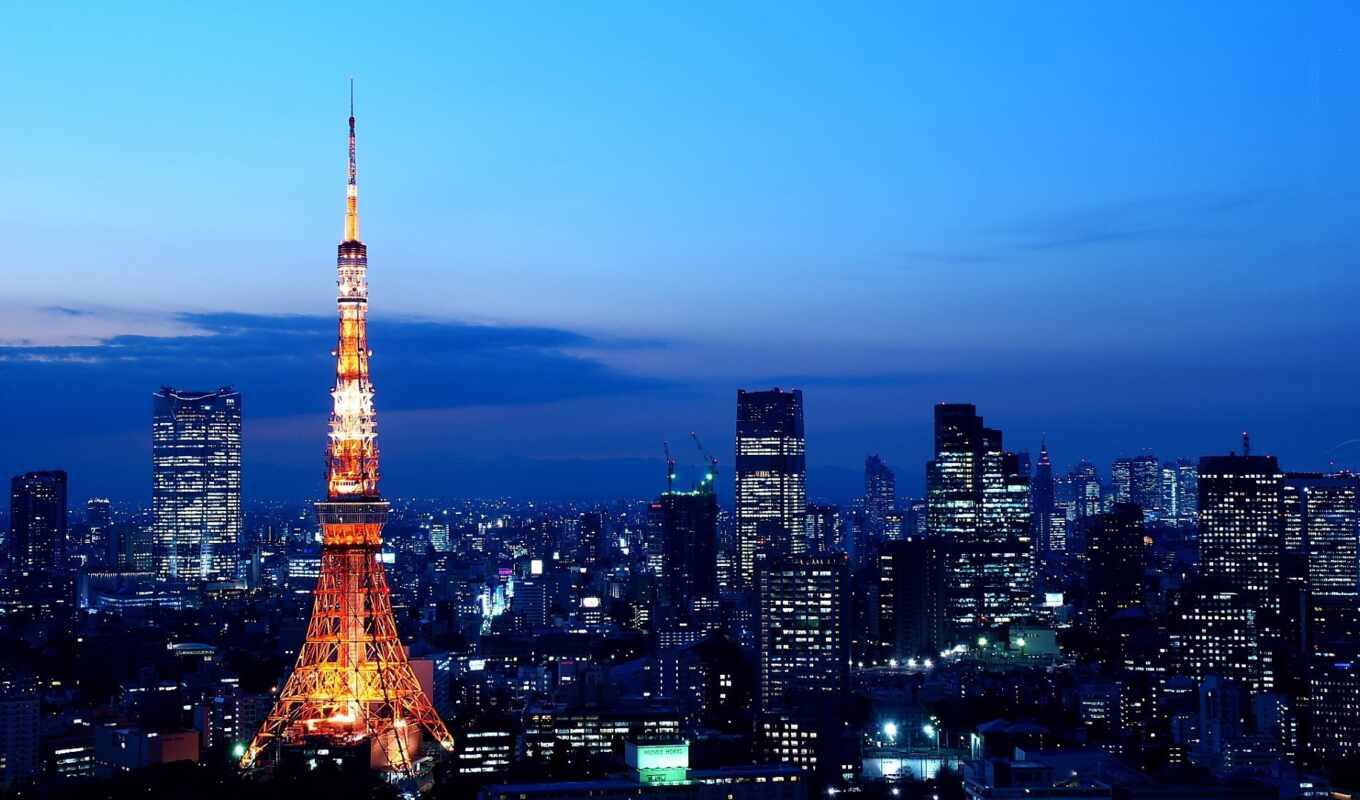 город, огни, skyline, башня, tokyo, япония