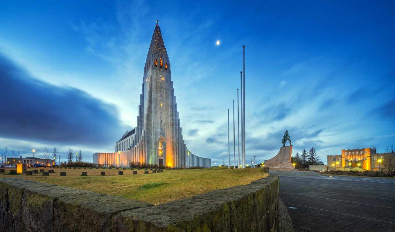 город, облако, build, iceland, even, church, reykjavik, igloo