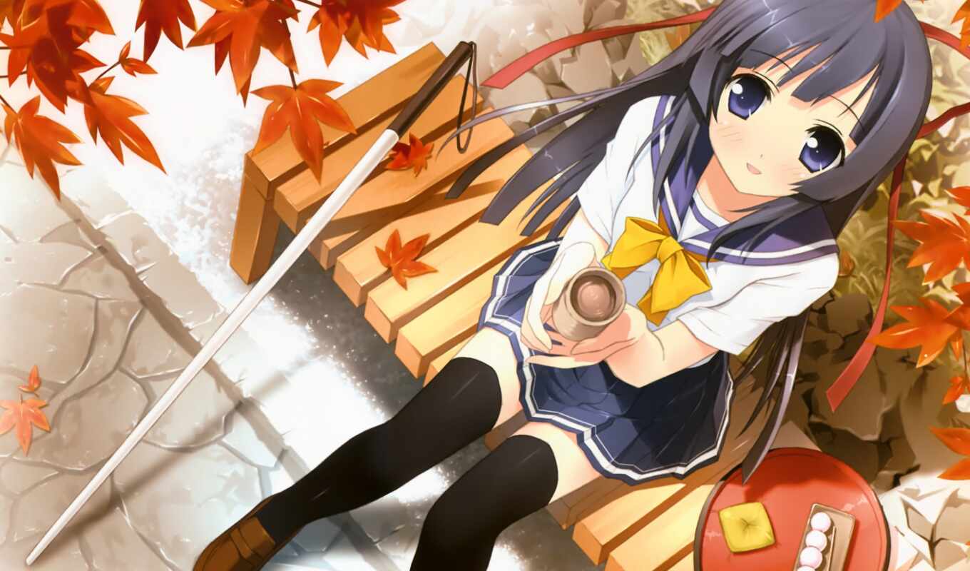 еда, девушка, дерево, anime, форма, осень, листва, чая, скамейка, объявление