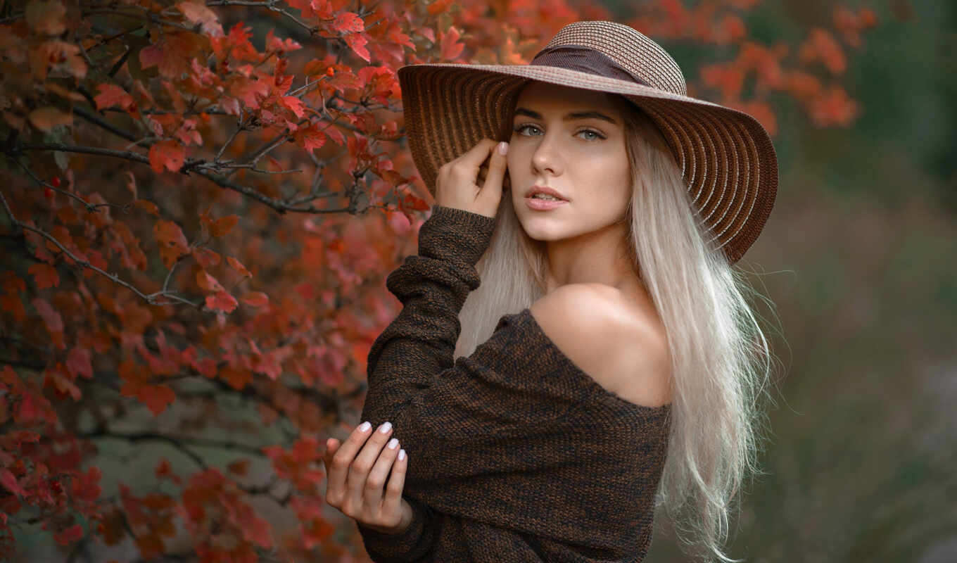 hat, woman, blonde, model, portrait, straw, leaf, cowgirl