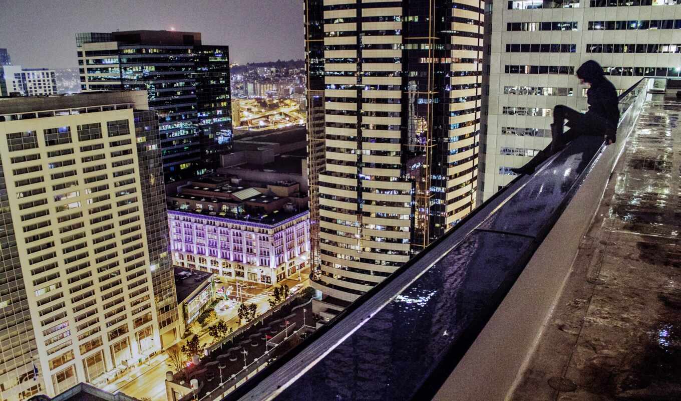 night, cityscape, sit, rooftop