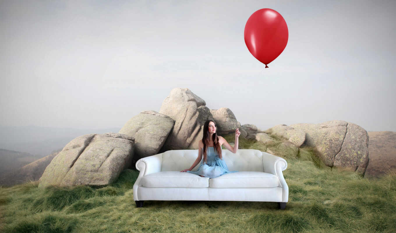 девушка, трава, диван, мл, воздушные, мяч, aerial, камни, шары
