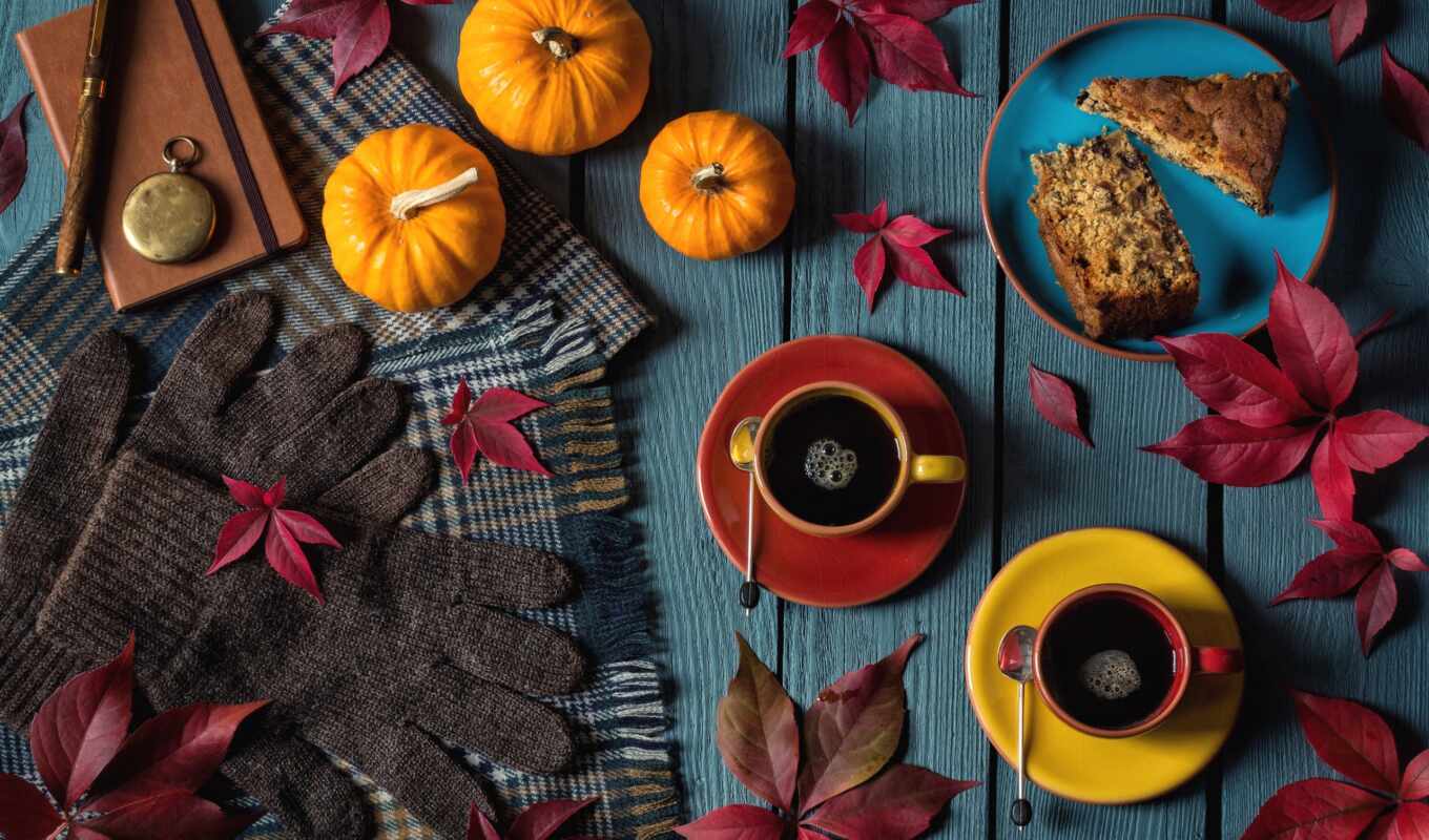 meal, coffee, autumn, foliage, cup, pumpkin, pie, gloves, scarf, produce, still-life