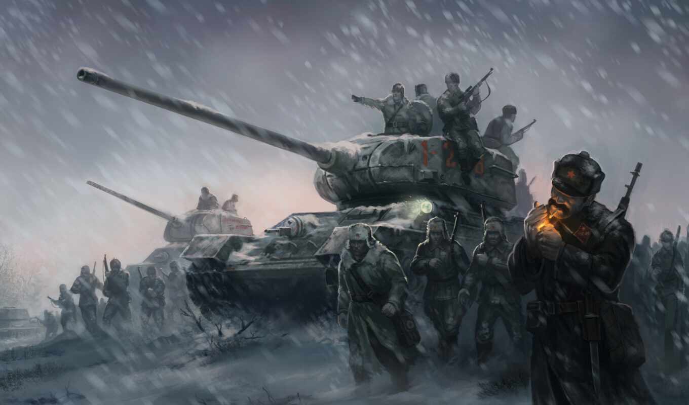 winter, поле, world, танки, war, second, великая, отечественная, blizzard, боя, герои