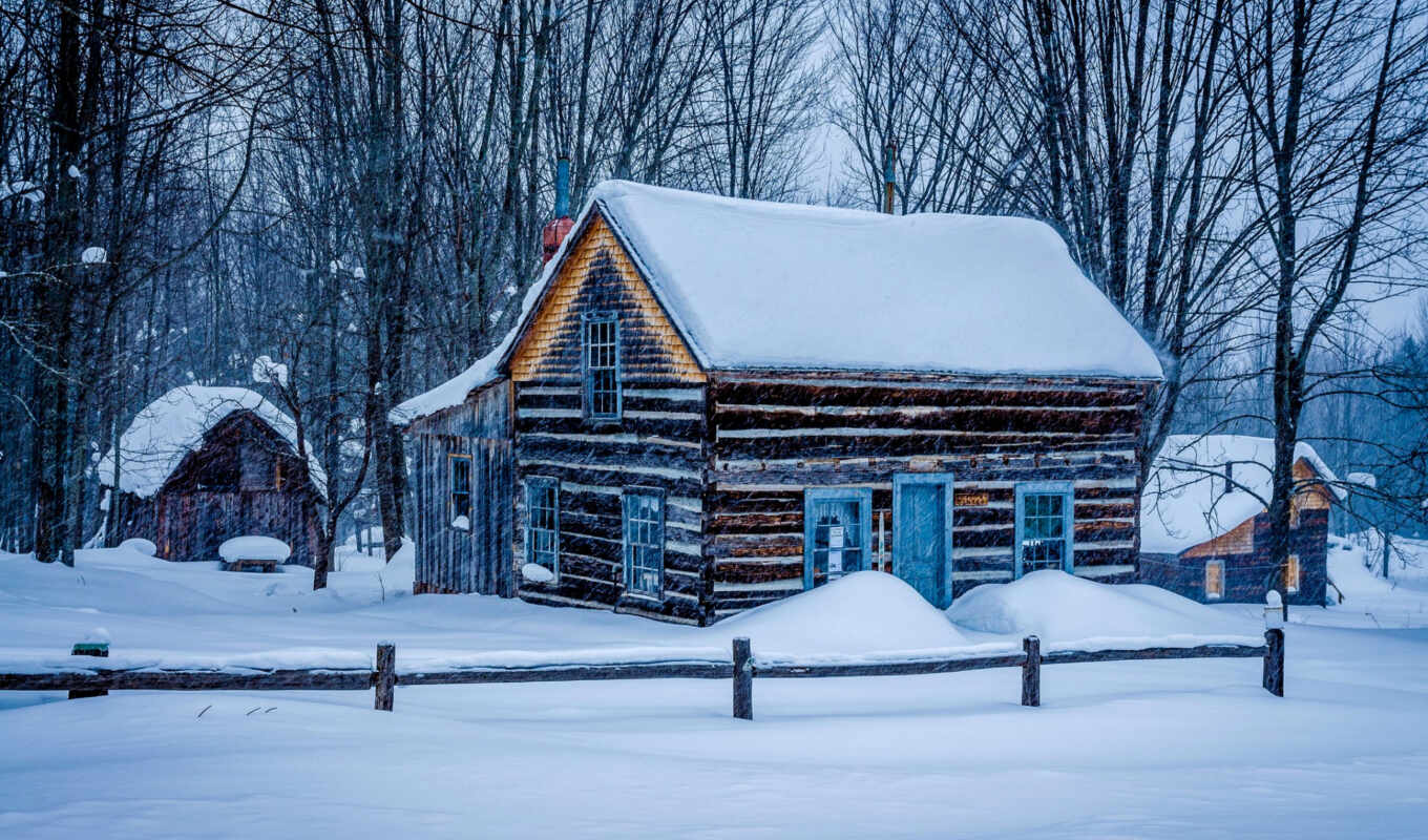 log, lodge, forest, pl, cabin, see, in winter, mayors