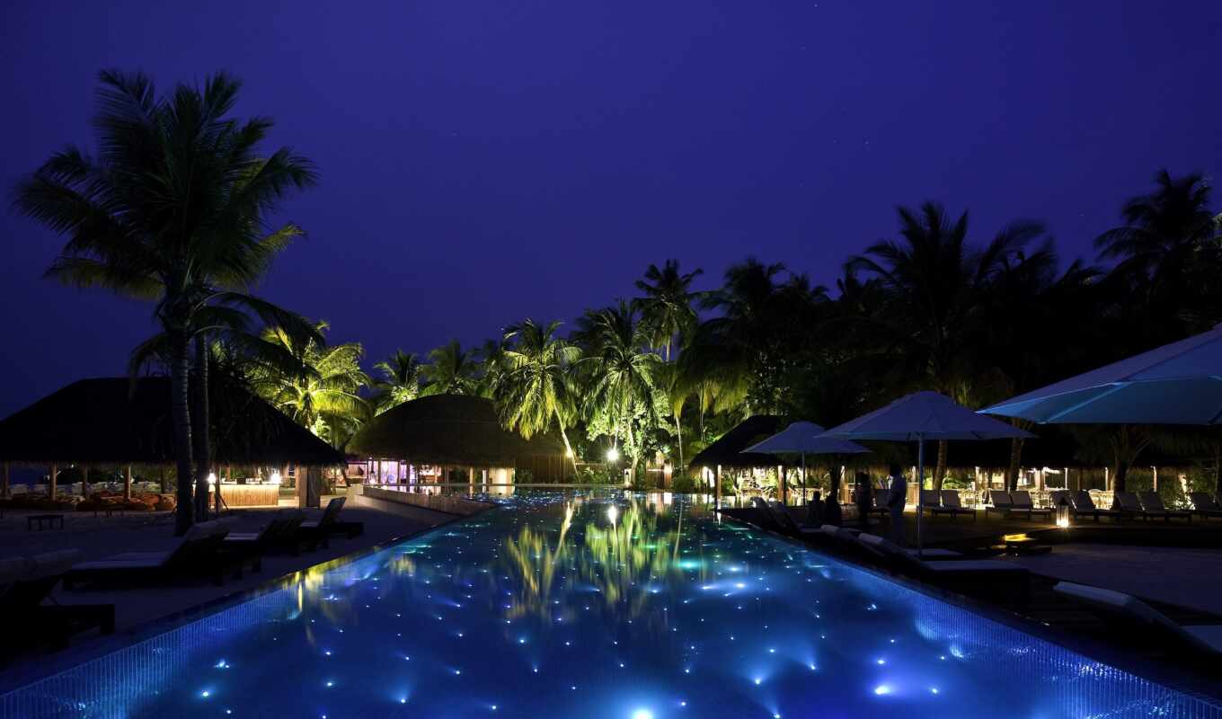 night, hotel, swimming pool, island, resort, maldives, houses, tropics, maldives, kuramathi