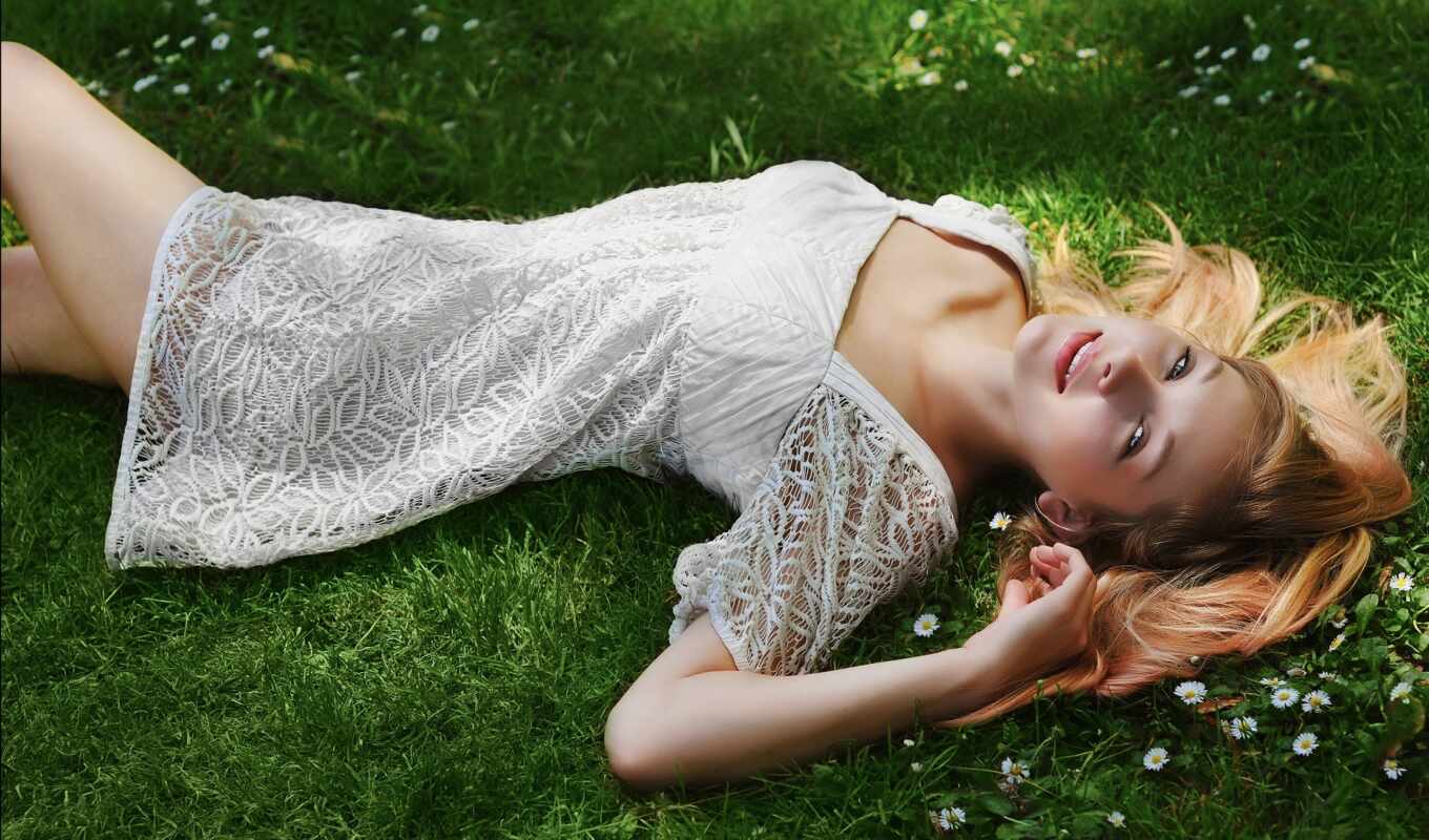 girl, white, lies, dress, different, grass