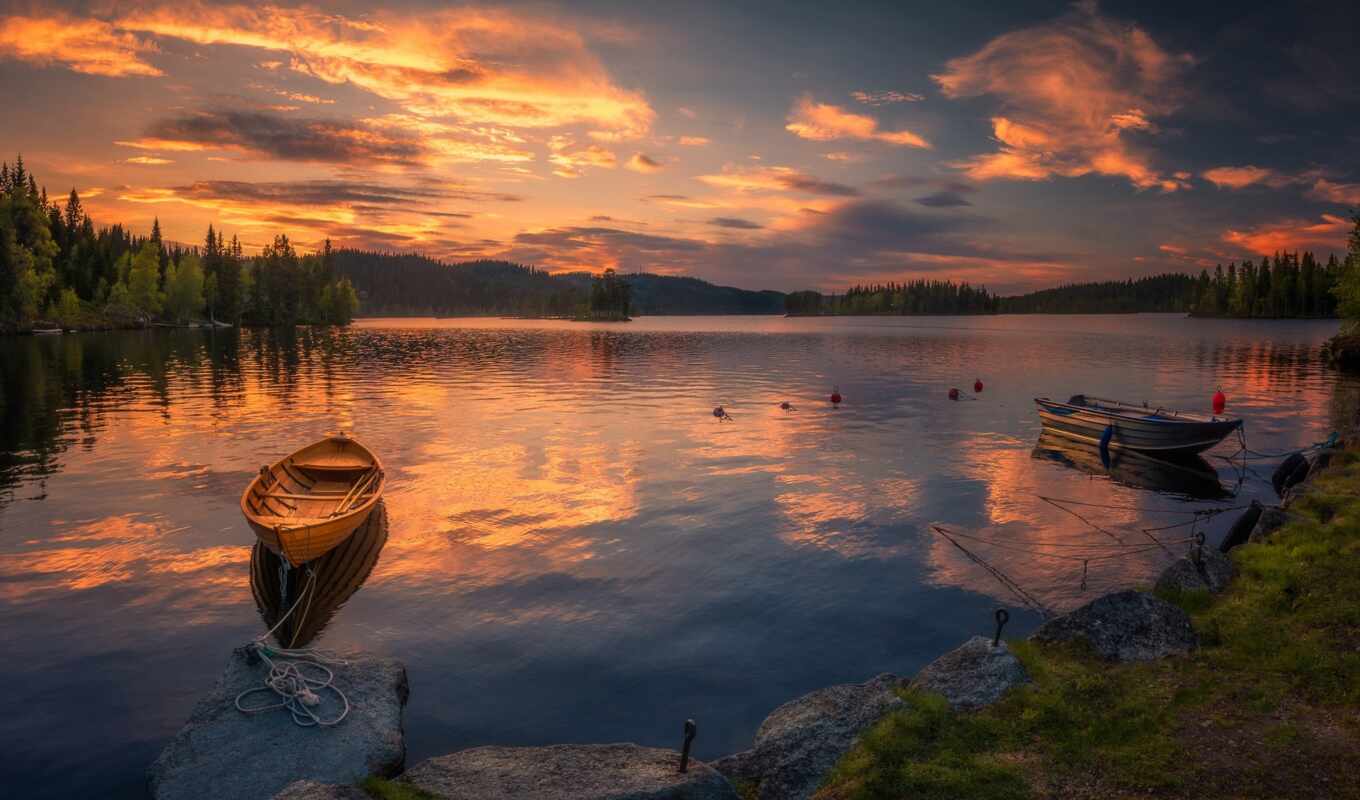 lake, sky, picture, sunset, a boat, Norway, ring cycle